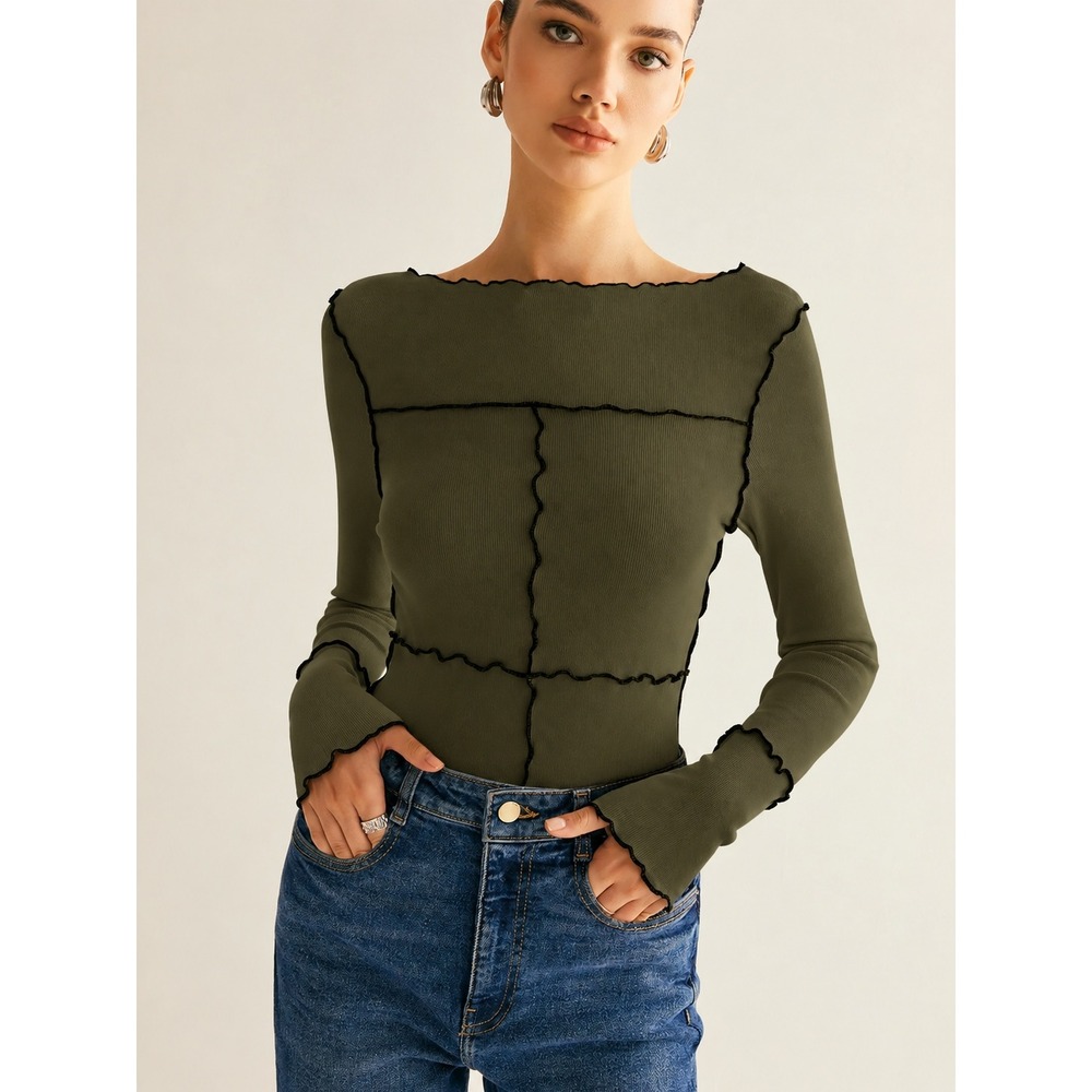 COMMENSE Green Lettuce Trim Ribbed Long Sleeve Slim Top US 4 S NWT